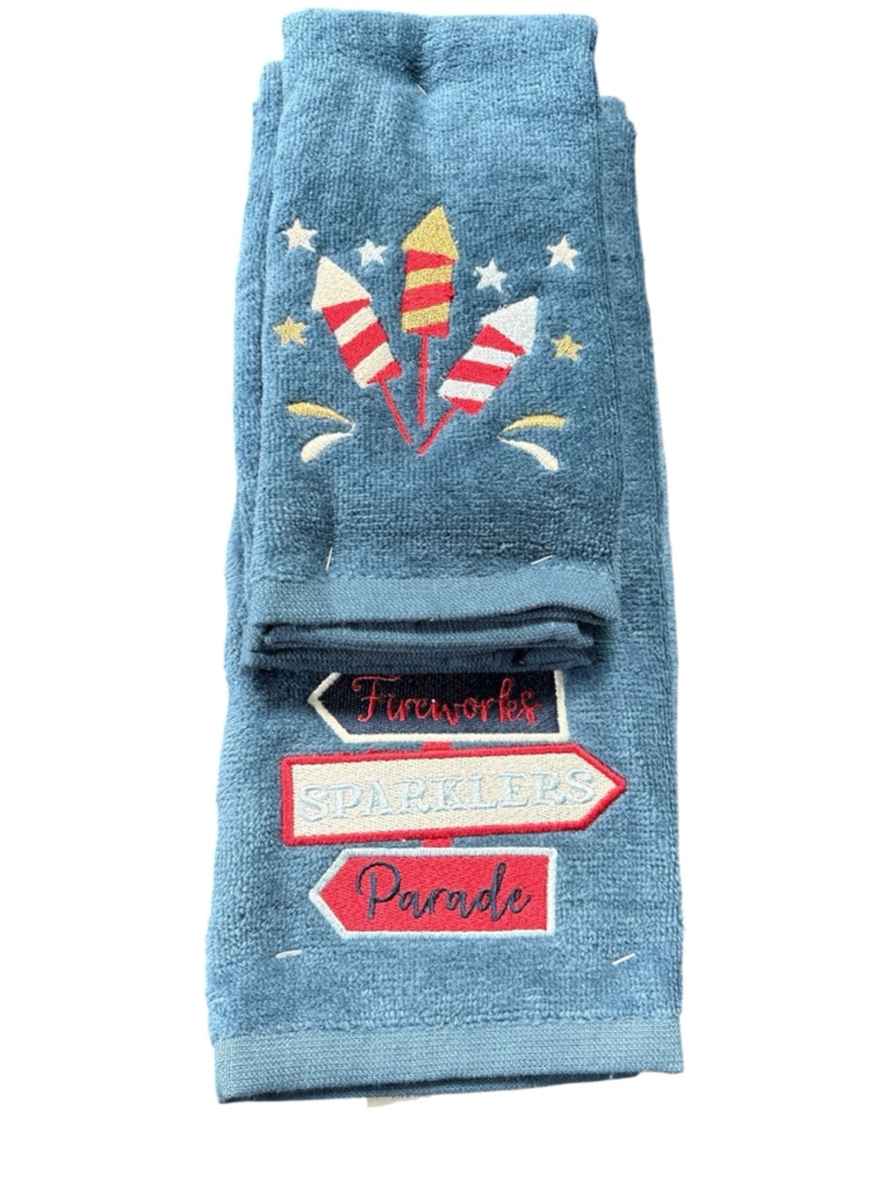 Patriotic Blue 4th of July Guest Hand Towel Set - Embroidered Red & White